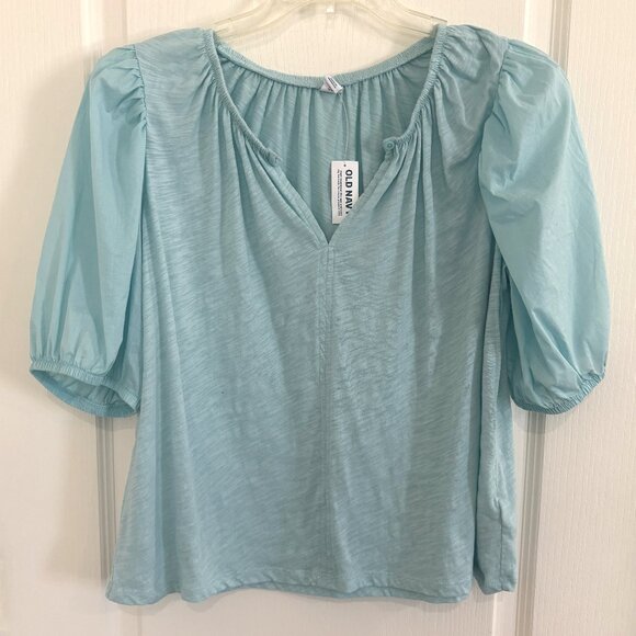 Old Navy Puff Sleeve Slub Knit Peasant Top Cotton Ceramic Blue Size Large NEW - Picture 3 of 6